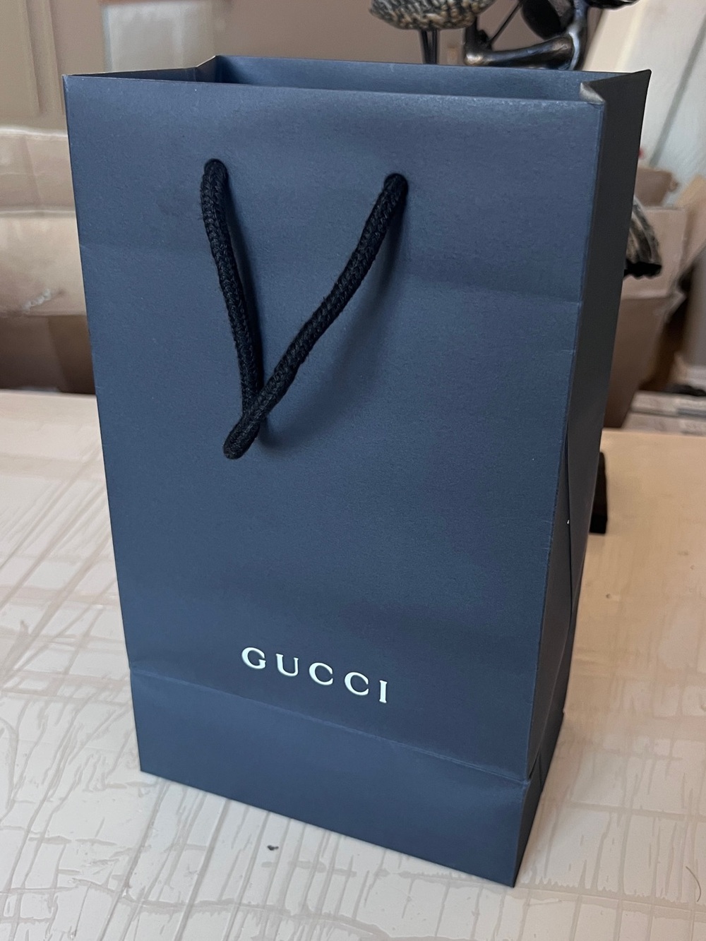 Gucci Black Paper Gift Bag with White Logo and Gold Rope Handles